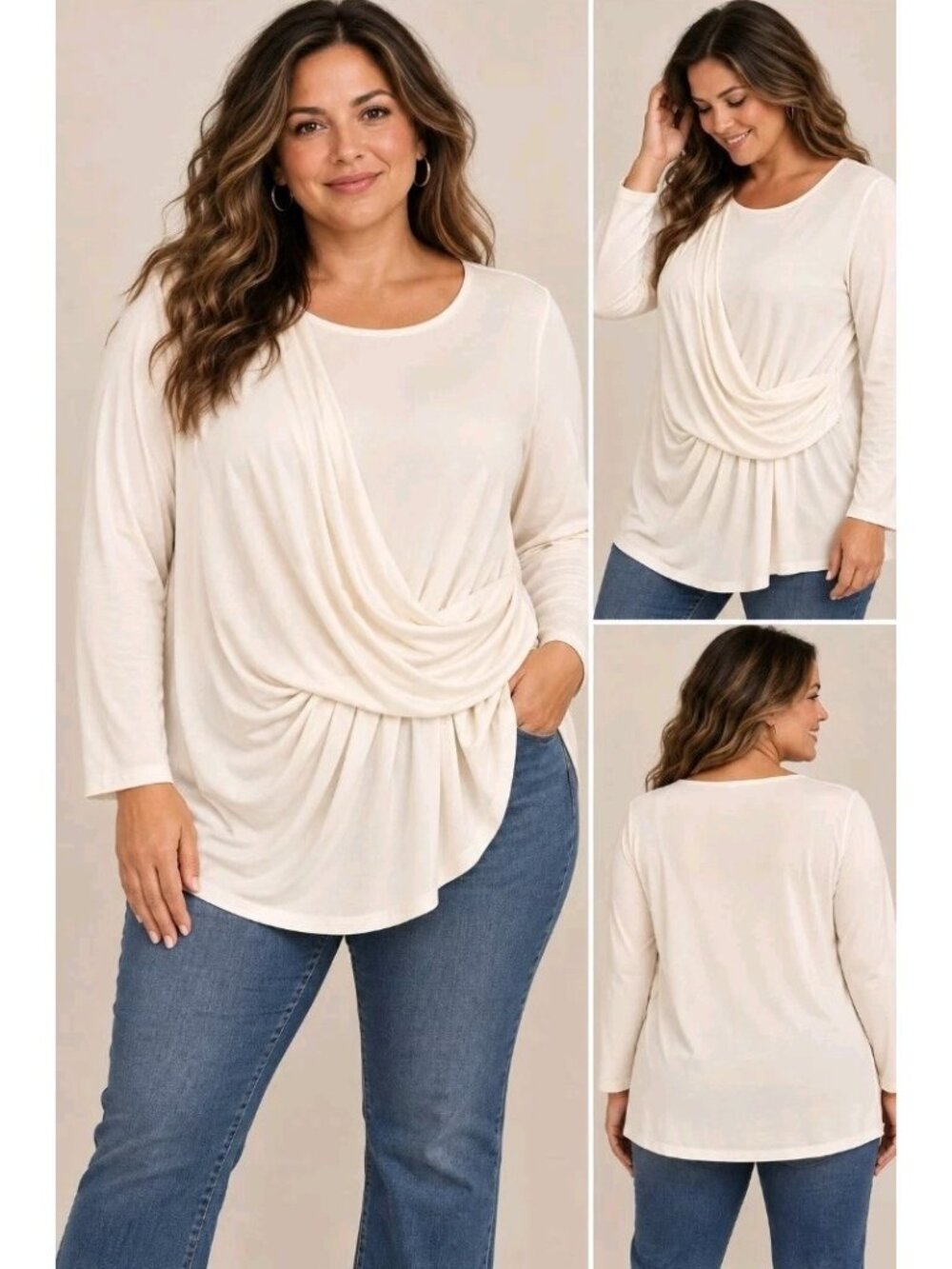 J Jill Wearever Tunic Top Draped Ruched Cross Over Stretch 3X Cream